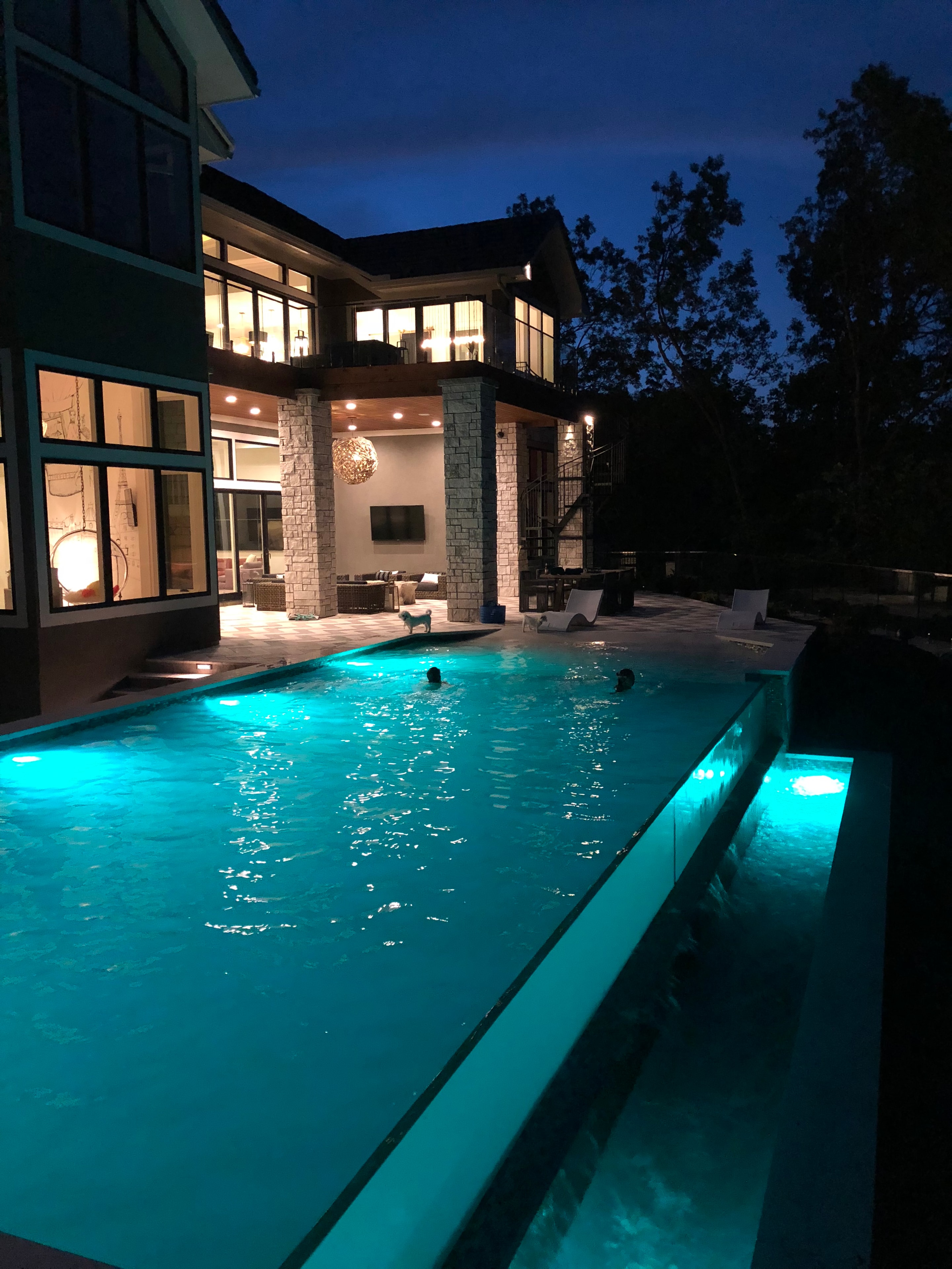 Luxury home exterior at dusk with landscape lighting